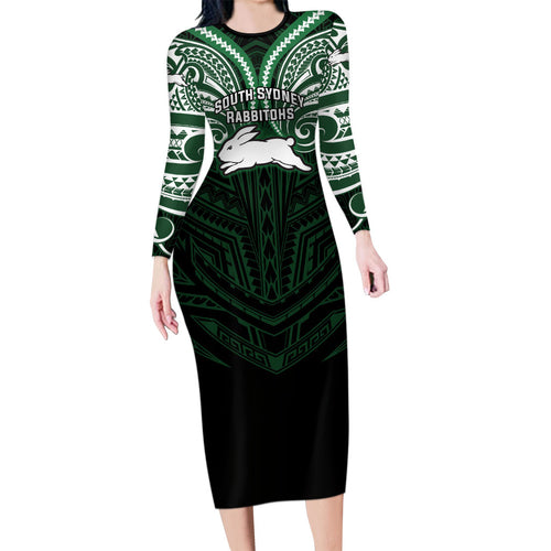 Custom South Sydney Rabbitohs Rugby Family Matching Long Sleeve Bodycon Dress and Hawaiian Shirt Rabbit Warrior Polynesia Islander Rugby Mascot