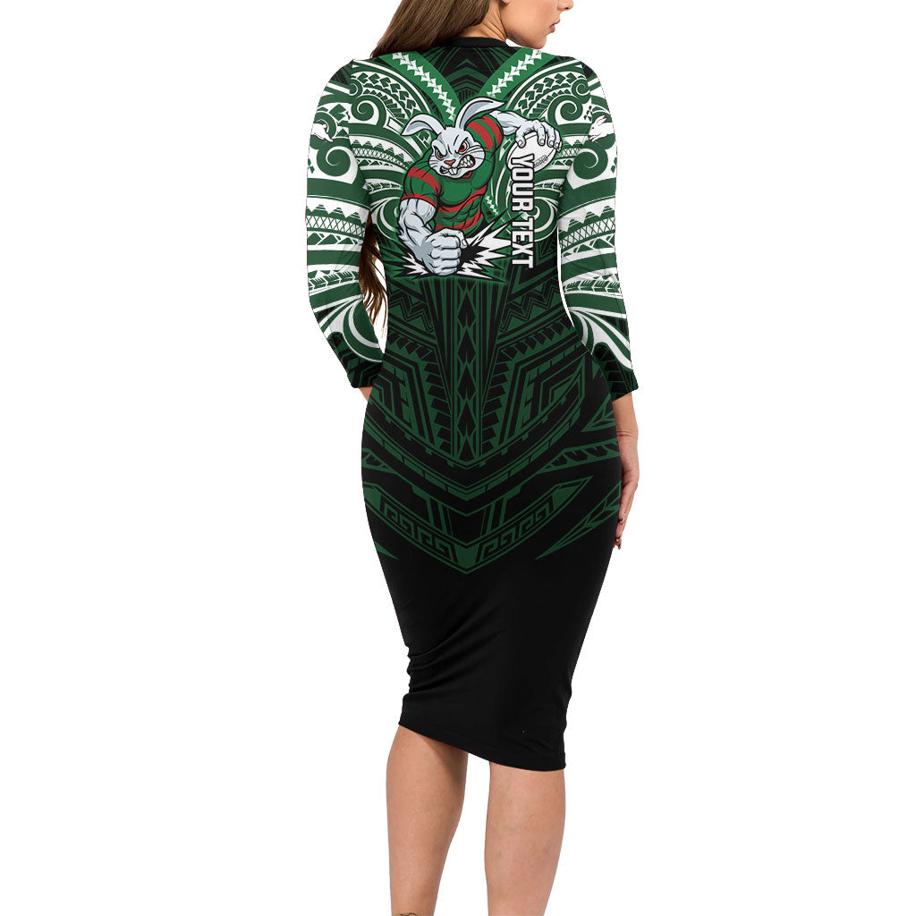 Custom South Sydney Rabbitohs Rugby Family Matching Long Sleeve Bodycon Dress and Hawaiian Shirt Rabbit Warrior Polynesia Islander Rugby Mascot
