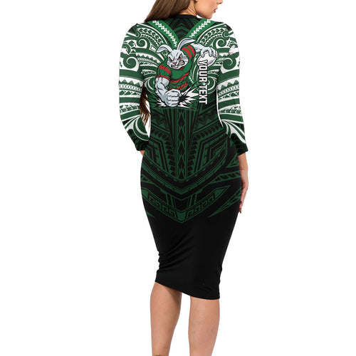 Custom South Sydney Rabbitohs Rugby Family Matching Long Sleeve Bodycon Dress and Hawaiian Shirt Rabbit Warrior Polynesia Islander Rugby Mascot