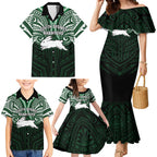 Custom South Sydney Rabbitohs Rugby Family Matching Mermaid Dress and Hawaiian Shirt Rabbit Warrior Polynesia Islander Rugby Mascot