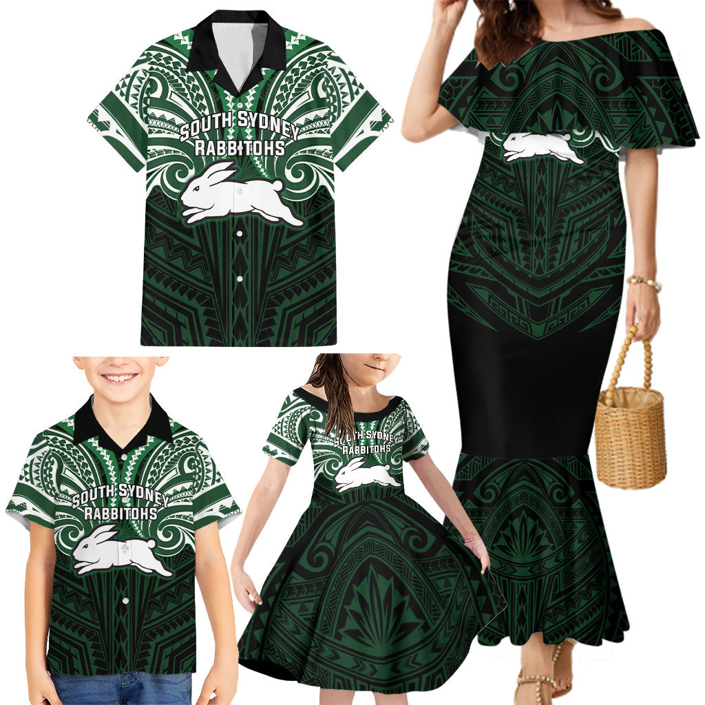 Custom South Sydney Rabbitohs Rugby Family Matching Mermaid Dress and Hawaiian Shirt Rabbit Warrior Polynesia Islander Rugby Mascot