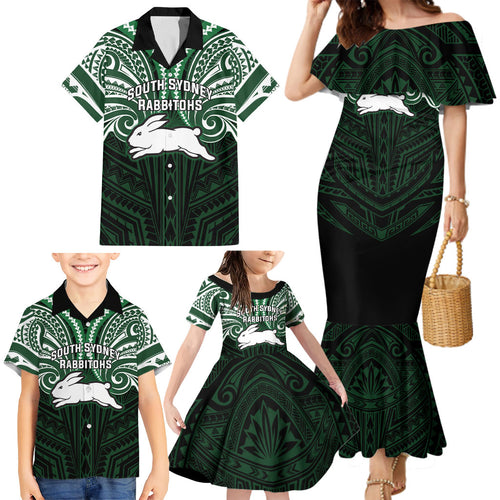 Custom South Sydney Rabbitohs Rugby Family Matching Mermaid Dress and Hawaiian Shirt Rabbit Warrior Polynesia Islander Rugby Mascot