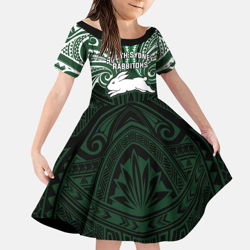 Custom South Sydney Rabbitohs Rugby Family Matching Mermaid Dress and Hawaiian Shirt Rabbit Warrior Polynesia Islander Rugby Mascot