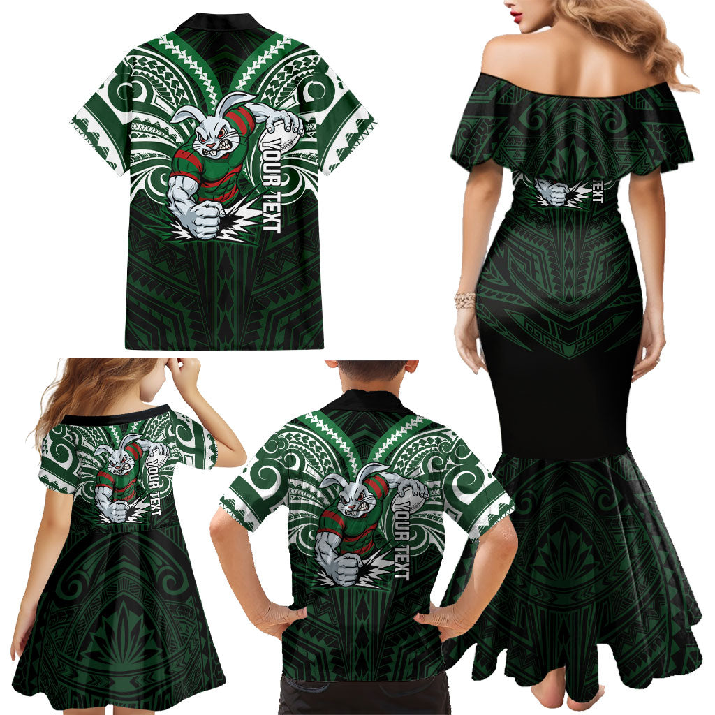 Custom South Sydney Rabbitohs Rugby Family Matching Mermaid Dress and Hawaiian Shirt Rabbit Warrior Polynesia Islander Rugby Mascot