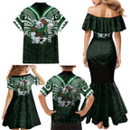 Custom South Sydney Rabbitohs Rugby Family Matching Mermaid Dress and Hawaiian Shirt Rabbit Warrior Polynesia Islander Rugby Mascot
