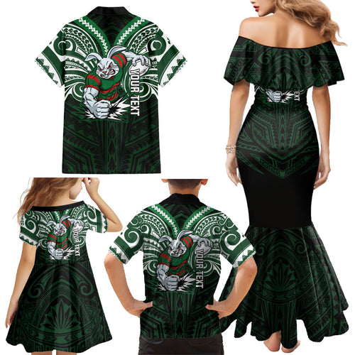 Custom South Sydney Rabbitohs Rugby Family Matching Mermaid Dress and Hawaiian Shirt Rabbit Warrior Polynesia Islander Rugby Mascot
