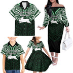 Custom South Sydney Rabbitohs Rugby Family Matching Off The Shoulder Long Sleeve Dress and Hawaiian Shirt Rabbit Warrior Polynesia Islander Rugby Mascot