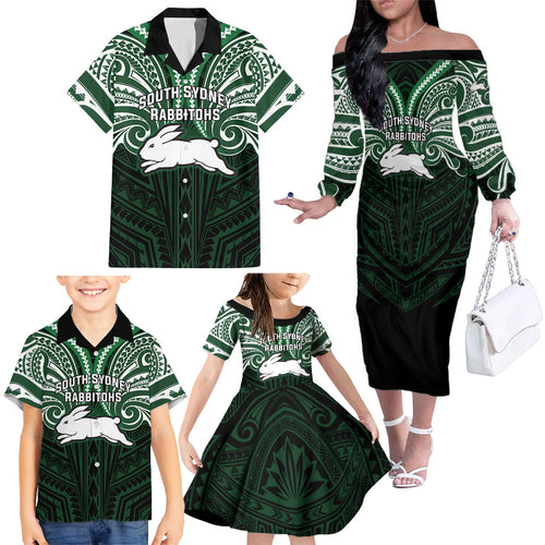 Custom South Sydney Rabbitohs Rugby Family Matching Off The Shoulder Long Sleeve Dress and Hawaiian Shirt Rabbit Warrior Polynesia Islander Rugby Mascot