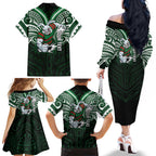 Custom South Sydney Rabbitohs Rugby Family Matching Off The Shoulder Long Sleeve Dress and Hawaiian Shirt Rabbit Warrior Polynesia Islander Rugby Mascot