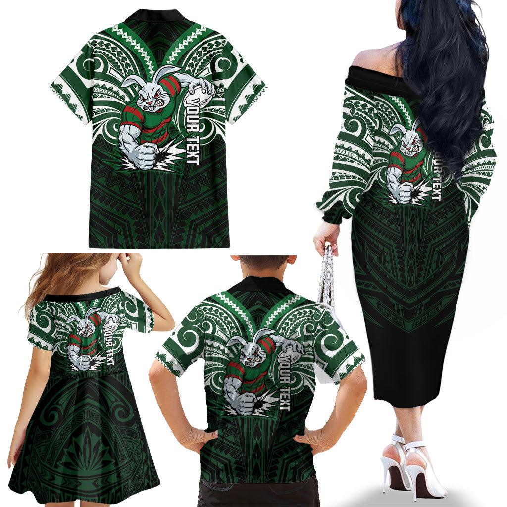 Custom South Sydney Rabbitohs Rugby Family Matching Off The Shoulder Long Sleeve Dress and Hawaiian Shirt Rabbit Warrior Polynesia Islander Rugby Mascot
