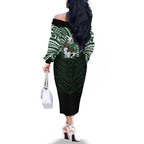 Custom South Sydney Rabbitohs Rugby Family Matching Off The Shoulder Long Sleeve Dress and Hawaiian Shirt Rabbit Warrior Polynesia Islander Rugby Mascot