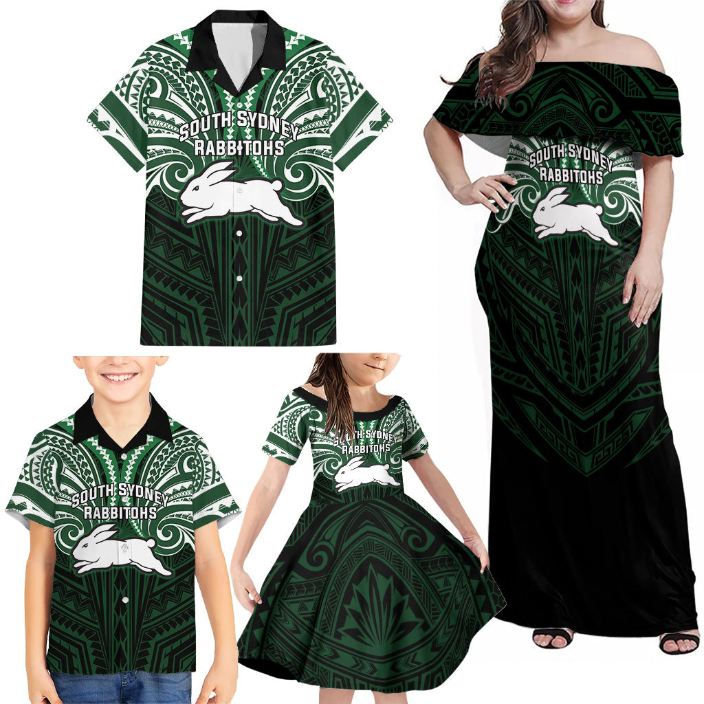 Custom South Sydney Rabbitohs Rugby Family Matching Off Shoulder Maxi Dress and Hawaiian Shirt Rabbit Warrior Polynesia Islander Rugby Mascot