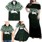 Custom South Sydney Rabbitohs Rugby Family Matching Off Shoulder Maxi Dress and Hawaiian Shirt Rabbit Warrior Polynesia Islander Rugby Mascot
