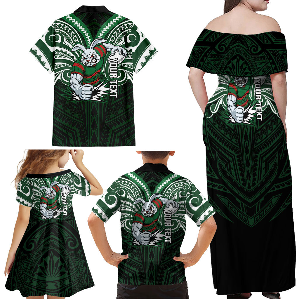 Custom South Sydney Rabbitohs Rugby Family Matching Off Shoulder Maxi Dress and Hawaiian Shirt Rabbit Warrior Polynesia Islander Rugby Mascot