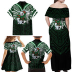 Custom South Sydney Rabbitohs Rugby Family Matching Off Shoulder Maxi Dress and Hawaiian Shirt Rabbit Warrior Polynesia Islander Rugby Mascot