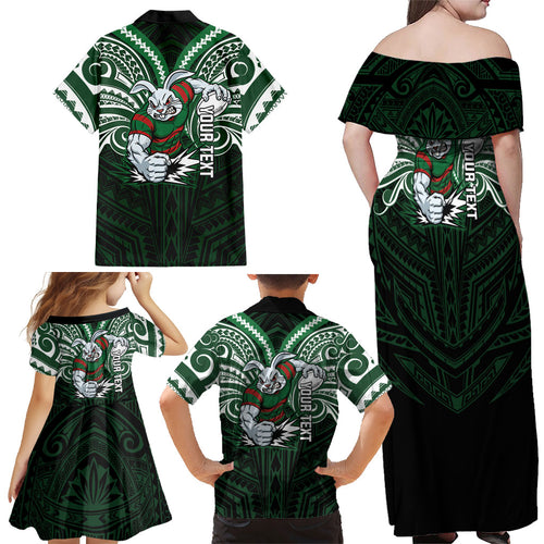 Custom South Sydney Rabbitohs Rugby Family Matching Off Shoulder Maxi Dress and Hawaiian Shirt Rabbit Warrior Polynesia Islander Rugby Mascot