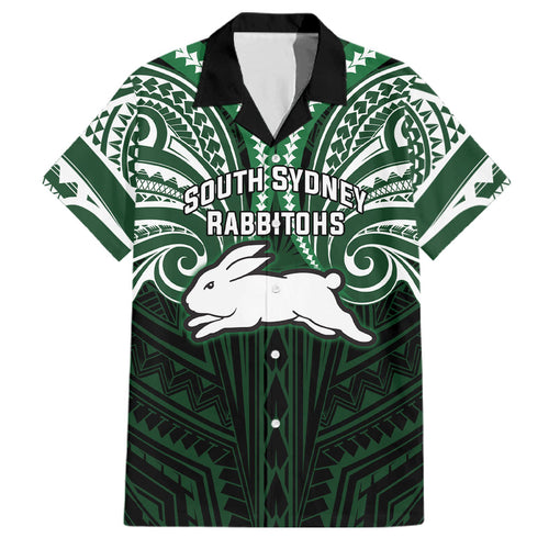 Custom South Sydney Rabbitohs Rugby Family Matching Off Shoulder Maxi Dress and Hawaiian Shirt Rabbit Warrior Polynesia Islander Rugby Mascot