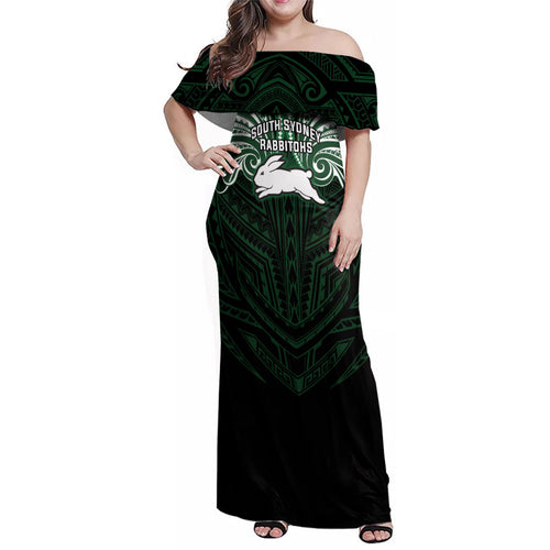 Custom South Sydney Rabbitohs Rugby Family Matching Off Shoulder Maxi Dress and Hawaiian Shirt Rabbit Warrior Polynesia Islander Rugby Mascot