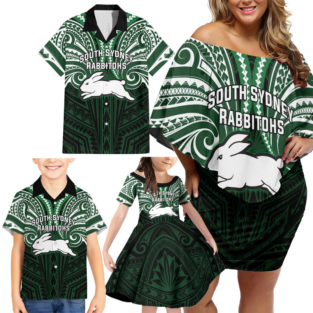 Custom South Sydney Rabbitohs Rugby Family Matching Off Shoulder Short Dress and Hawaiian Shirt Rabbit Warrior Polynesia Islander Rugby Mascot