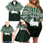 Custom South Sydney Rabbitohs Rugby Family Matching Off Shoulder Short Dress and Hawaiian Shirt Rabbit Warrior Polynesia Islander Rugby Mascot