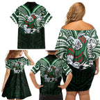 Custom South Sydney Rabbitohs Rugby Family Matching Off Shoulder Short Dress and Hawaiian Shirt Rabbit Warrior Polynesia Islander Rugby Mascot