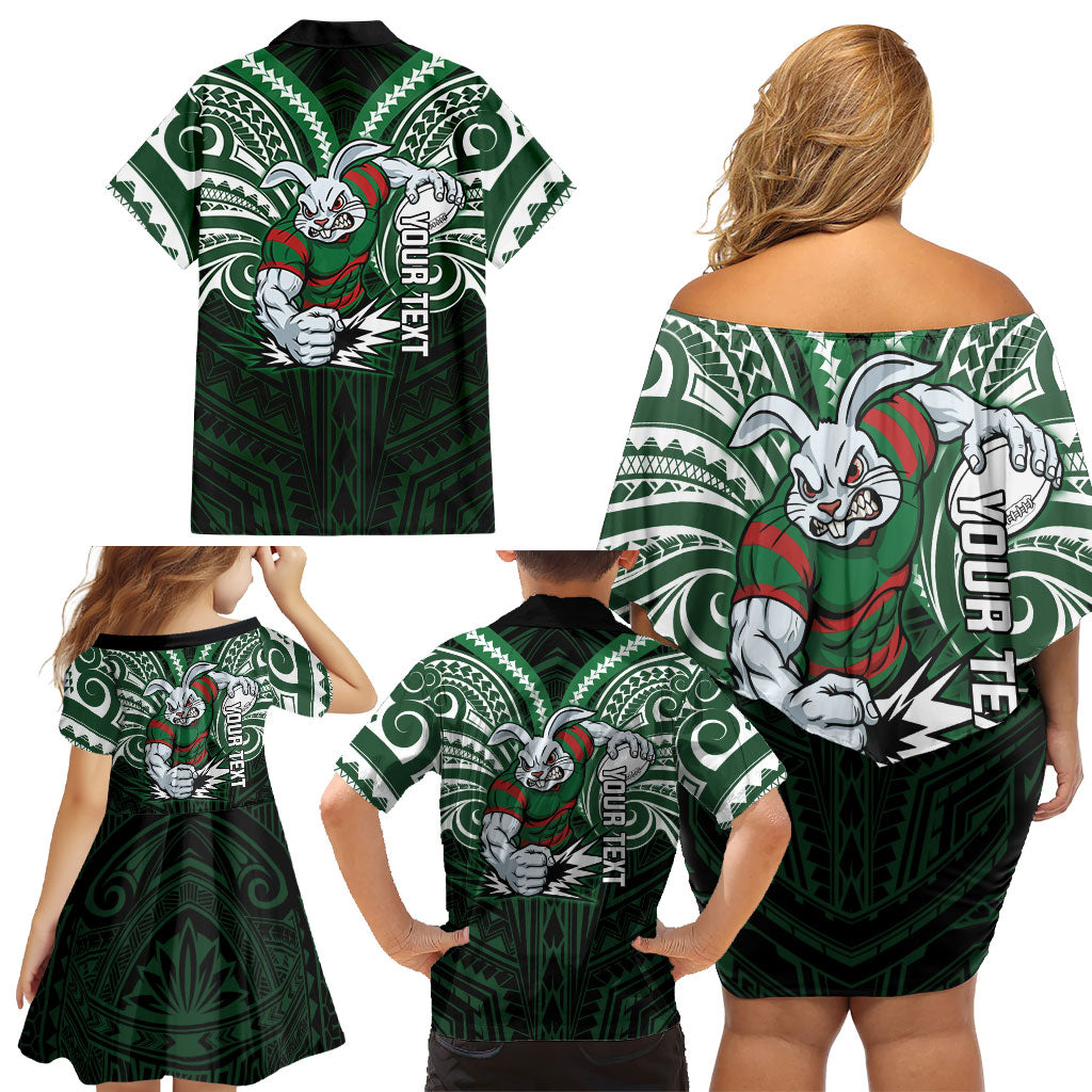 Custom South Sydney Rabbitohs Rugby Family Matching Off Shoulder Short Dress and Hawaiian Shirt Rabbit Warrior Polynesia Islander Rugby Mascot