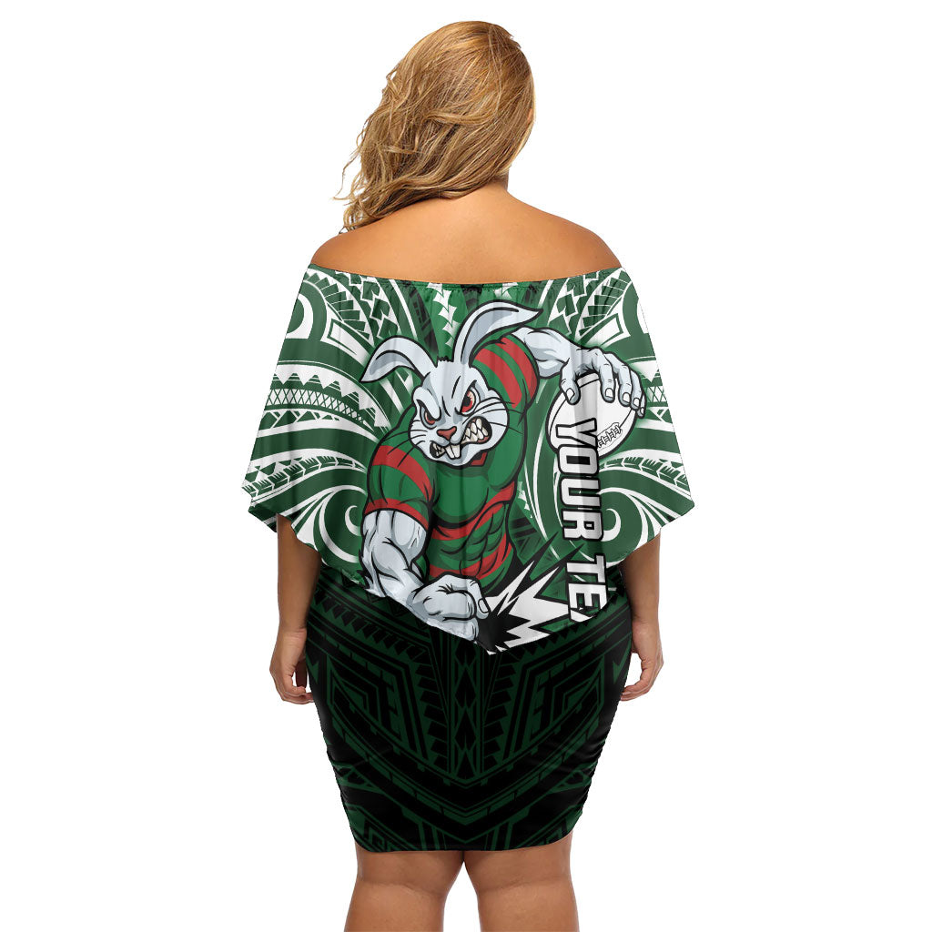 Custom South Sydney Rabbitohs Rugby Family Matching Off Shoulder Short Dress and Hawaiian Shirt Rabbit Warrior Polynesia Islander Rugby Mascot