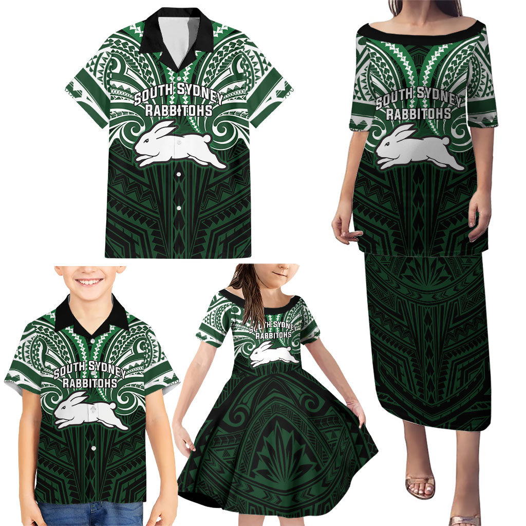 Custom South Sydney Rabbitohs Rugby Family Matching Puletasi and Hawaiian Shirt Rabbit Warrior Polynesia Islander Rugby Mascot