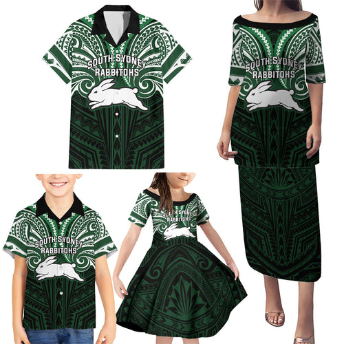Custom South Sydney Rabbitohs Rugby Family Matching Puletasi and Hawaiian Shirt Rabbit Warrior Polynesia Islander Rugby Mascot