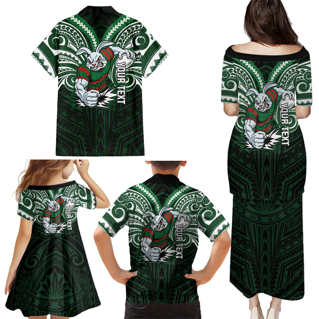 Custom South Sydney Rabbitohs Rugby Family Matching Puletasi and Hawaiian Shirt Rabbit Warrior Polynesia Islander Rugby Mascot