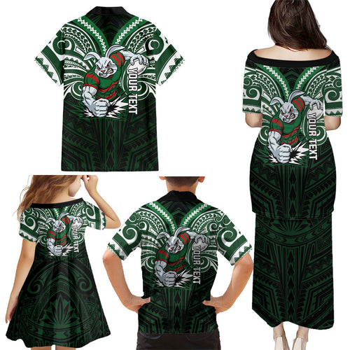 Custom South Sydney Rabbitohs Rugby Family Matching Puletasi and Hawaiian Shirt Rabbit Warrior Polynesia Islander Rugby Mascot