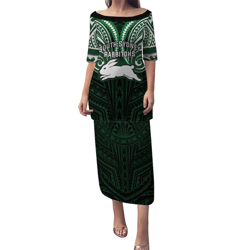 Custom South Sydney Rabbitohs Rugby Family Matching Puletasi and Hawaiian Shirt Rabbit Warrior Polynesia Islander Rugby Mascot