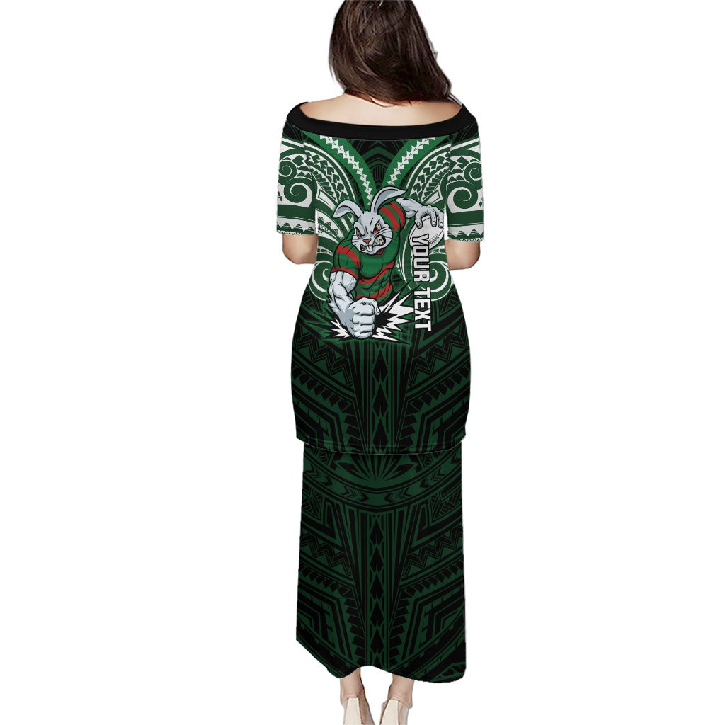 Custom South Sydney Rabbitohs Rugby Family Matching Puletasi and Hawaiian Shirt Rabbit Warrior Polynesia Islander Rugby Mascot