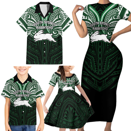 Custom South Sydney Rabbitohs Rugby Family Matching Short Sleeve Bodycon Dress and Hawaiian Shirt Rabbit Warrior Polynesia Islander Rugby Mascot