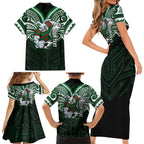 Custom South Sydney Rabbitohs Rugby Family Matching Short Sleeve Bodycon Dress and Hawaiian Shirt Rabbit Warrior Polynesia Islander Rugby Mascot