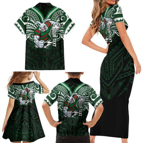 Custom South Sydney Rabbitohs Rugby Family Matching Short Sleeve Bodycon Dress and Hawaiian Shirt Rabbit Warrior Polynesia Islander Rugby Mascot