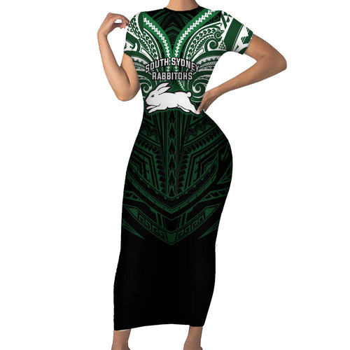 Custom South Sydney Rabbitohs Rugby Family Matching Short Sleeve Bodycon Dress and Hawaiian Shirt Rabbit Warrior Polynesia Islander Rugby Mascot