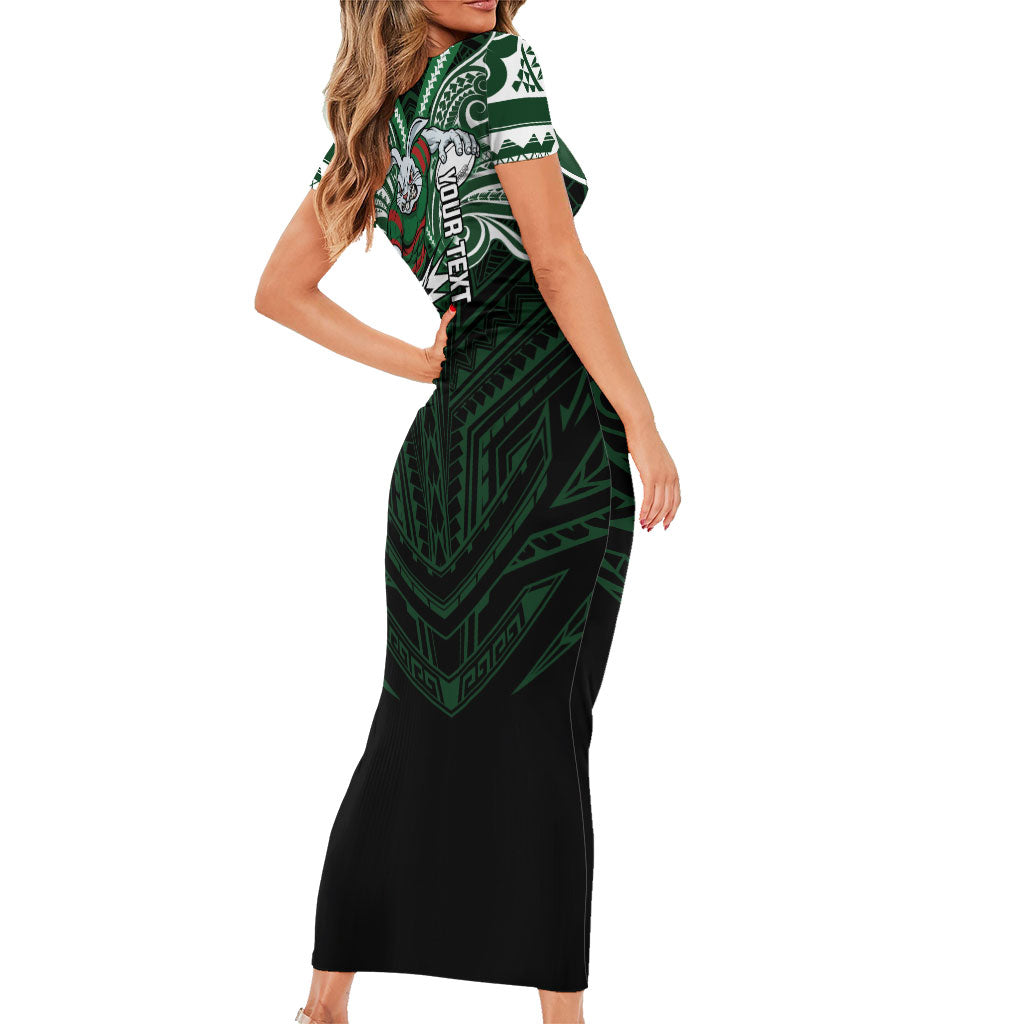 Custom South Sydney Rabbitohs Rugby Family Matching Short Sleeve Bodycon Dress and Hawaiian Shirt Rabbit Warrior Polynesia Islander Rugby Mascot