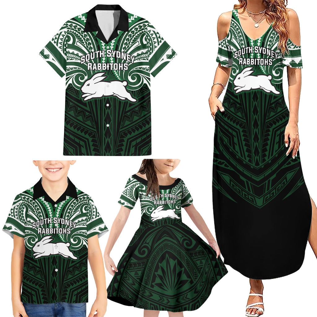 Custom South Sydney Rabbitohs Rugby Family Matching Summer Maxi Dress and Hawaiian Shirt Rabbit Warrior Polynesia Islander Rugby Mascot
