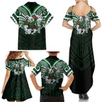 Custom South Sydney Rabbitohs Rugby Family Matching Summer Maxi Dress and Hawaiian Shirt Rabbit Warrior Polynesia Islander Rugby Mascot
