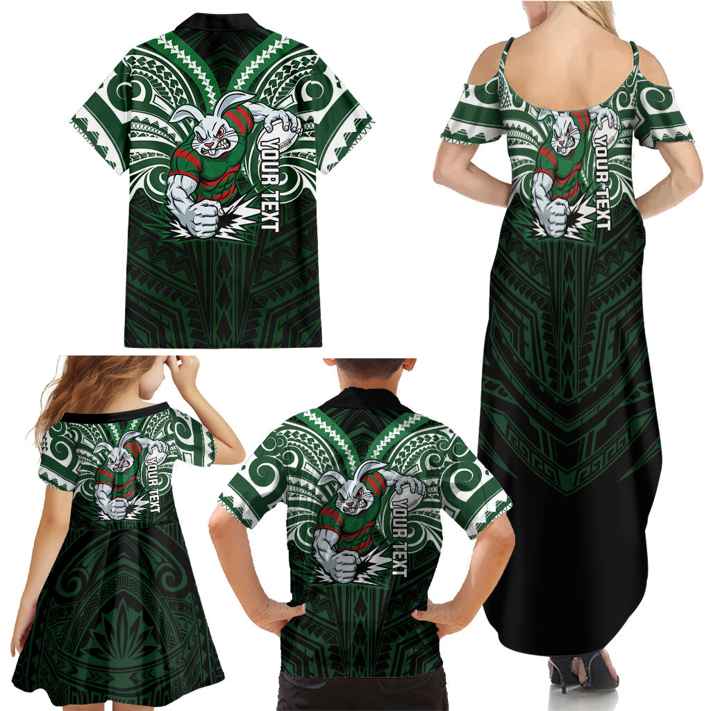Custom South Sydney Rabbitohs Rugby Family Matching Summer Maxi Dress and Hawaiian Shirt Rabbit Warrior Polynesia Islander Rugby Mascot