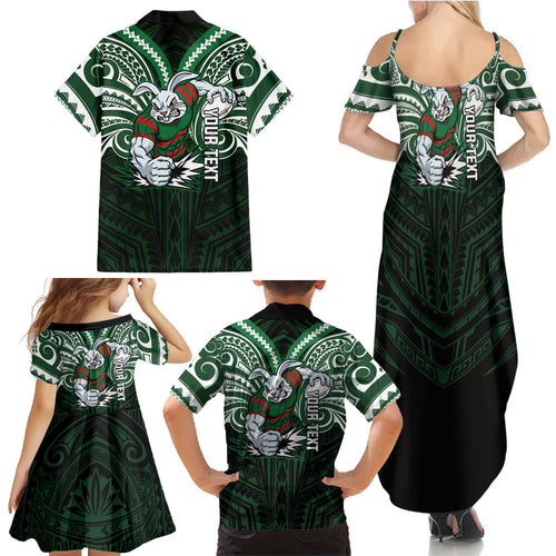 Custom South Sydney Rabbitohs Rugby Family Matching Summer Maxi Dress and Hawaiian Shirt Rabbit Warrior Polynesia Islander Rugby Mascot