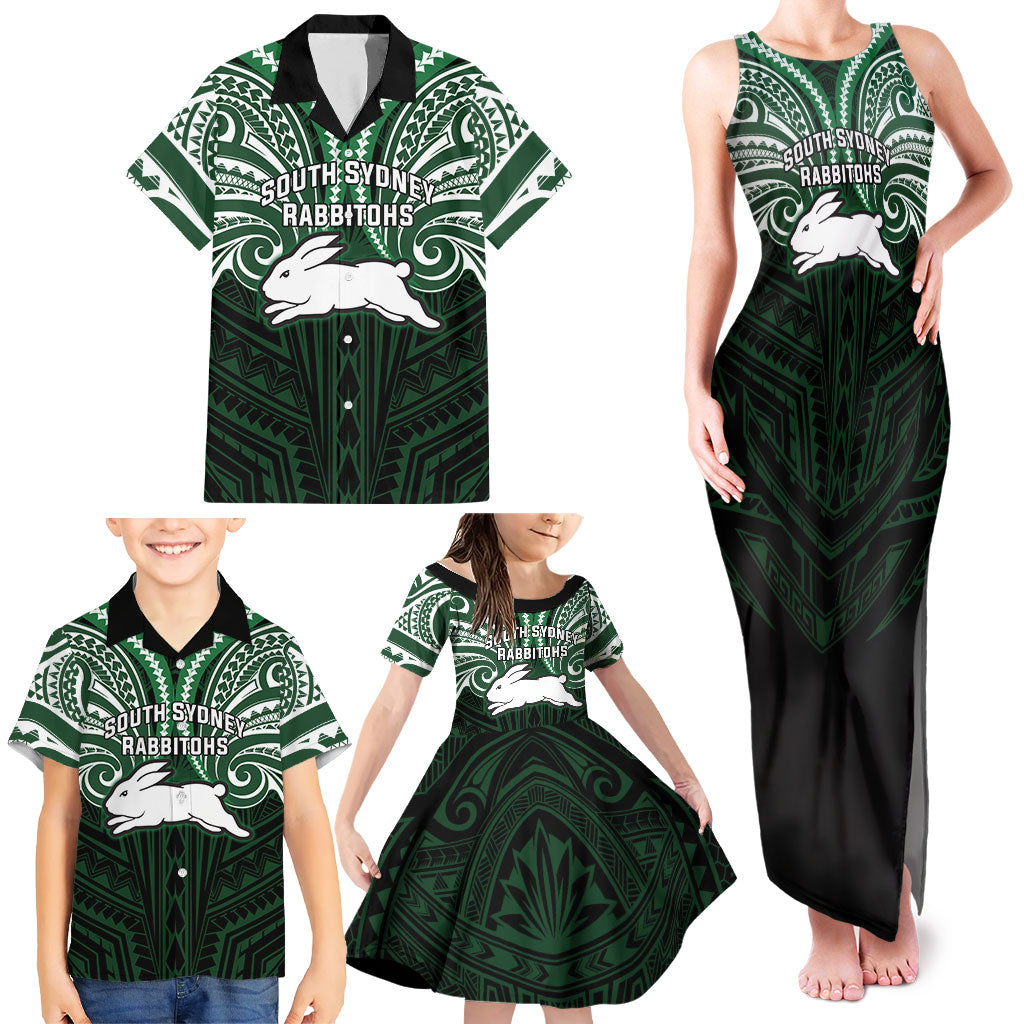 Custom South Sydney Rabbitohs Rugby Family Matching Tank Maxi Dress and Hawaiian Shirt Rabbit Warrior Polynesia Islander Rugby Mascot