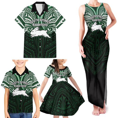 Custom South Sydney Rabbitohs Rugby Family Matching Tank Maxi Dress and Hawaiian Shirt Rabbit Warrior Polynesia Islander Rugby Mascot
