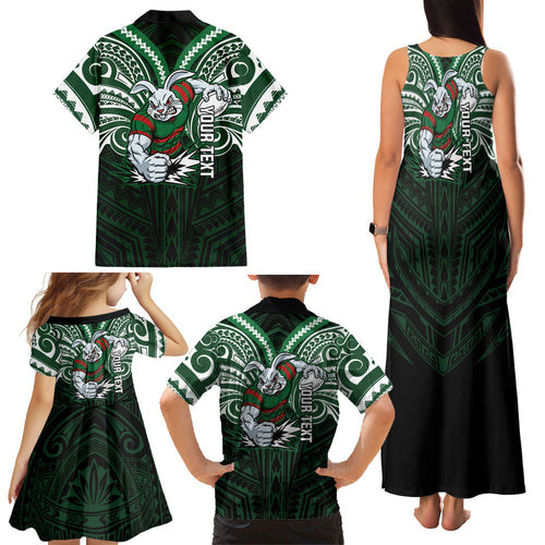 Custom South Sydney Rabbitohs Rugby Family Matching Tank Maxi Dress and Hawaiian Shirt Rabbit Warrior Polynesia Islander Rugby Mascot