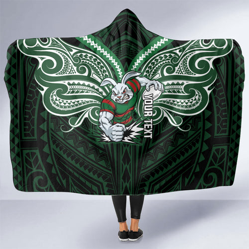 Custom South Sydney Rabbitohs Rugby Hooded Blanket Rabbit Warrior Polynesia Islander Rugby Mascot
