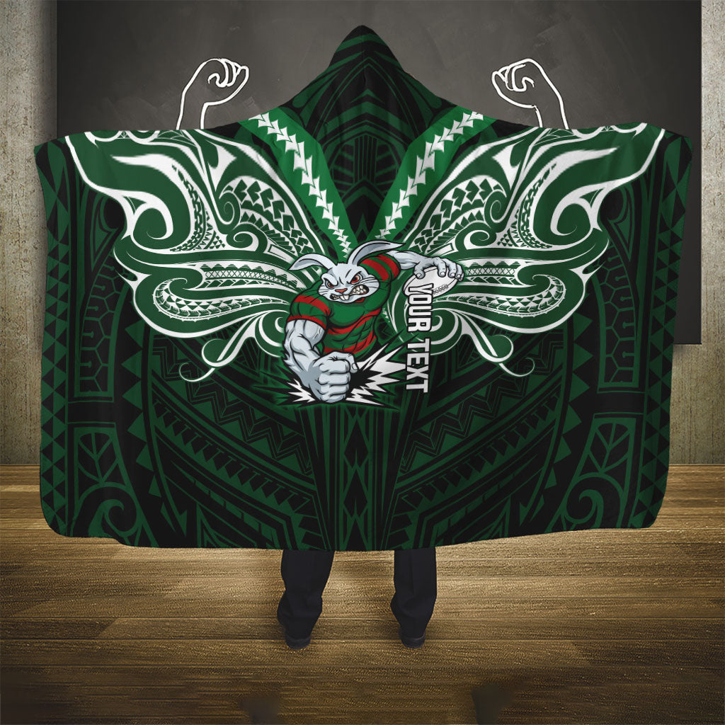 Custom South Sydney Rabbitohs Rugby Hooded Blanket Rabbit Warrior Polynesia Islander Rugby Mascot