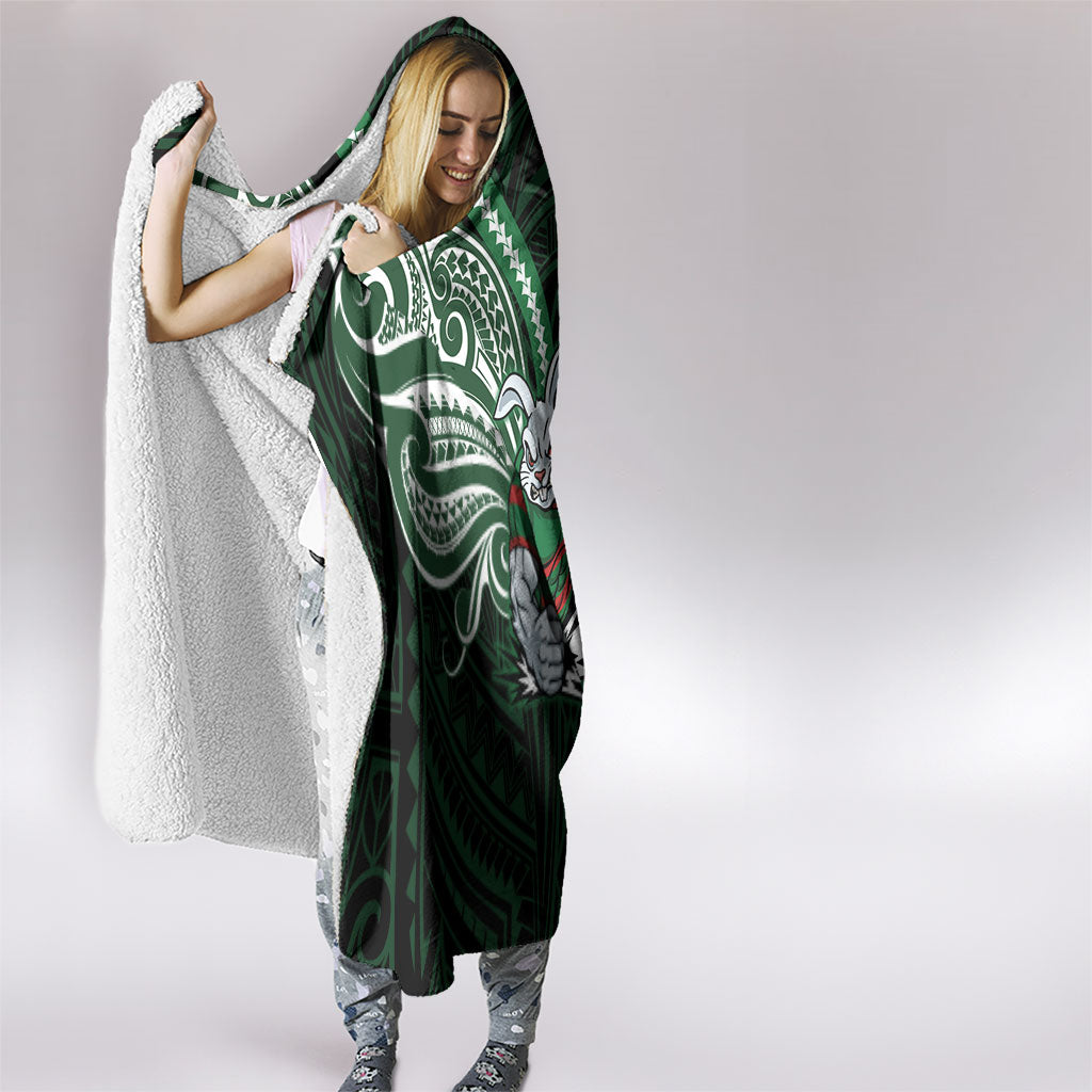 Custom South Sydney Rabbitohs Rugby Hooded Blanket Rabbit Warrior Polynesia Islander Rugby Mascot