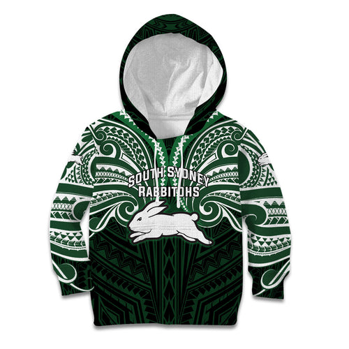 Custom South Sydney Rabbitohs Rugby Kid Hoodie Rabbit Warrior Polynesia Islander Rugby Mascot