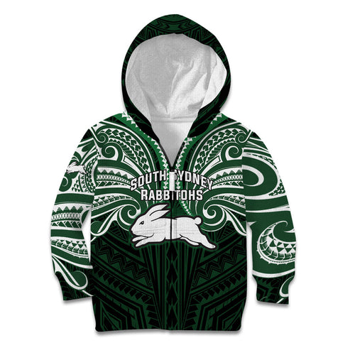 Custom South Sydney Rabbitohs Rugby Kid Hoodie Rabbit Warrior Polynesia Islander Rugby Mascot